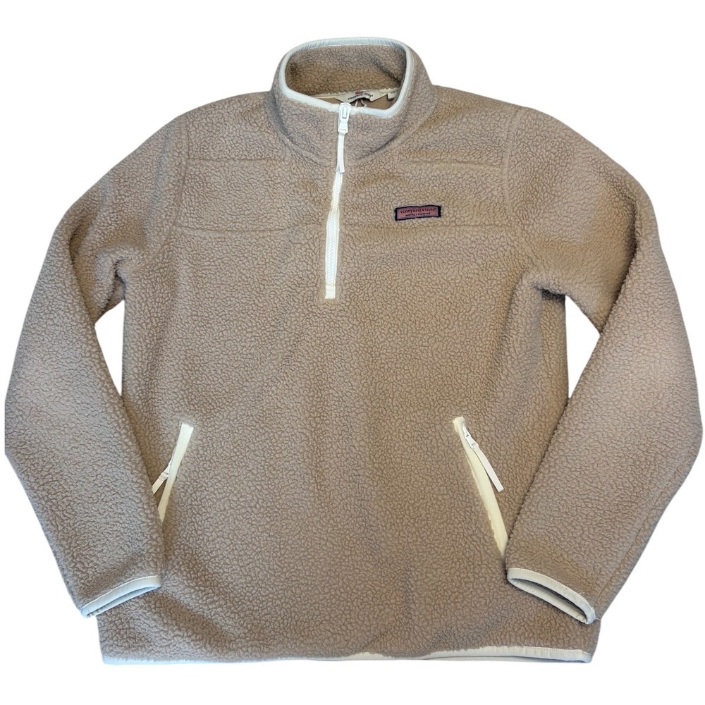 Vineyard Vines Womens XS Sherpa Retro Fleece Quarter Zip Pullover Tan Jacket